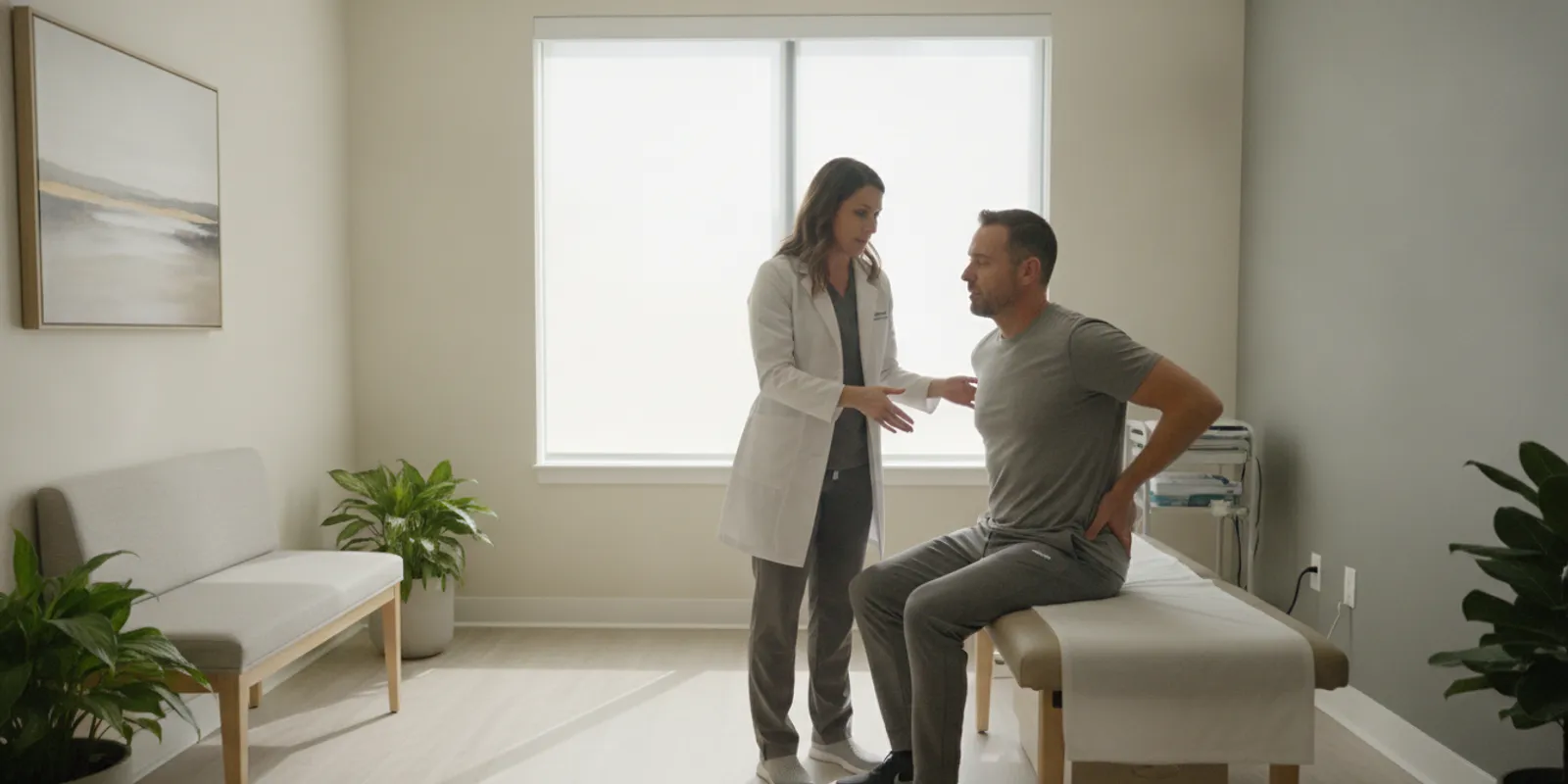 Clinician discussing back movement with an adult patient in a bright treatment room