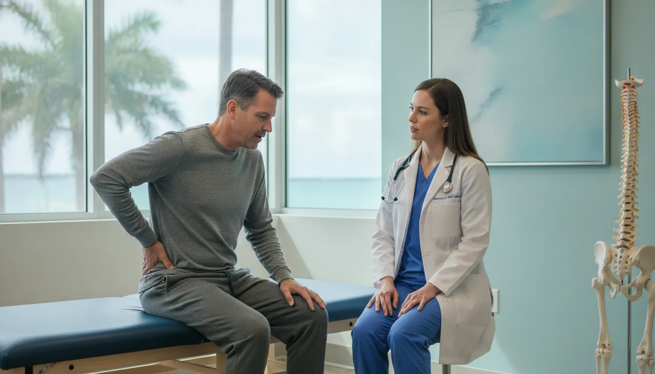 Tampa Bay patient discussing lower back concerns with a physical medicine clinician