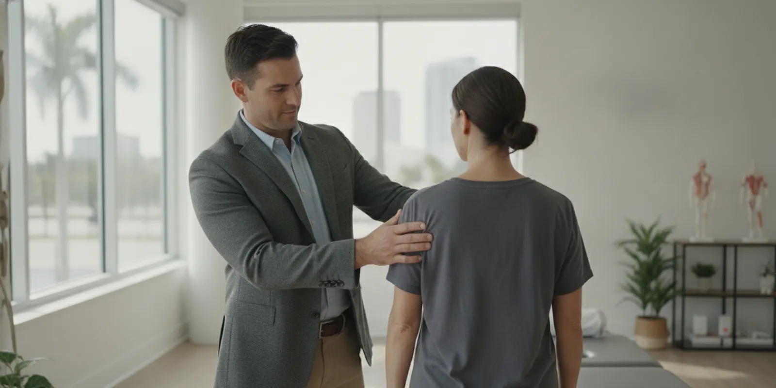 Chiropractor assessing a patient's shoulder movement in a bright Tampa clinic