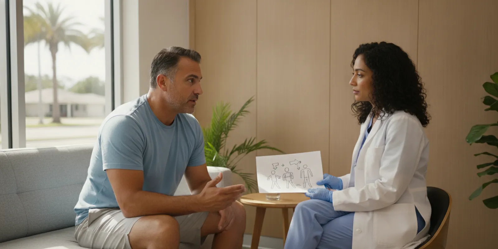 Former athlete discussing persistent discomfort and movement with a clinician in a calm consultation room