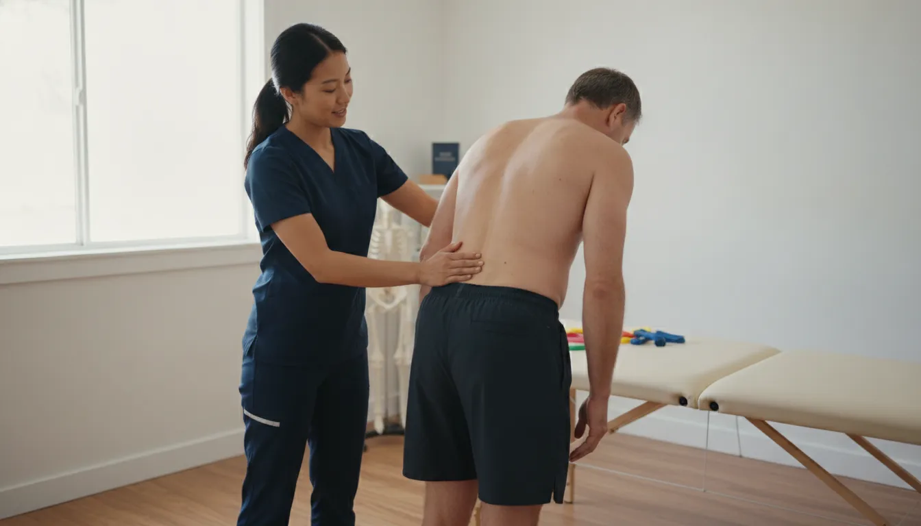 Clinician reviewing a lumbar movement assessment with an adult patient
