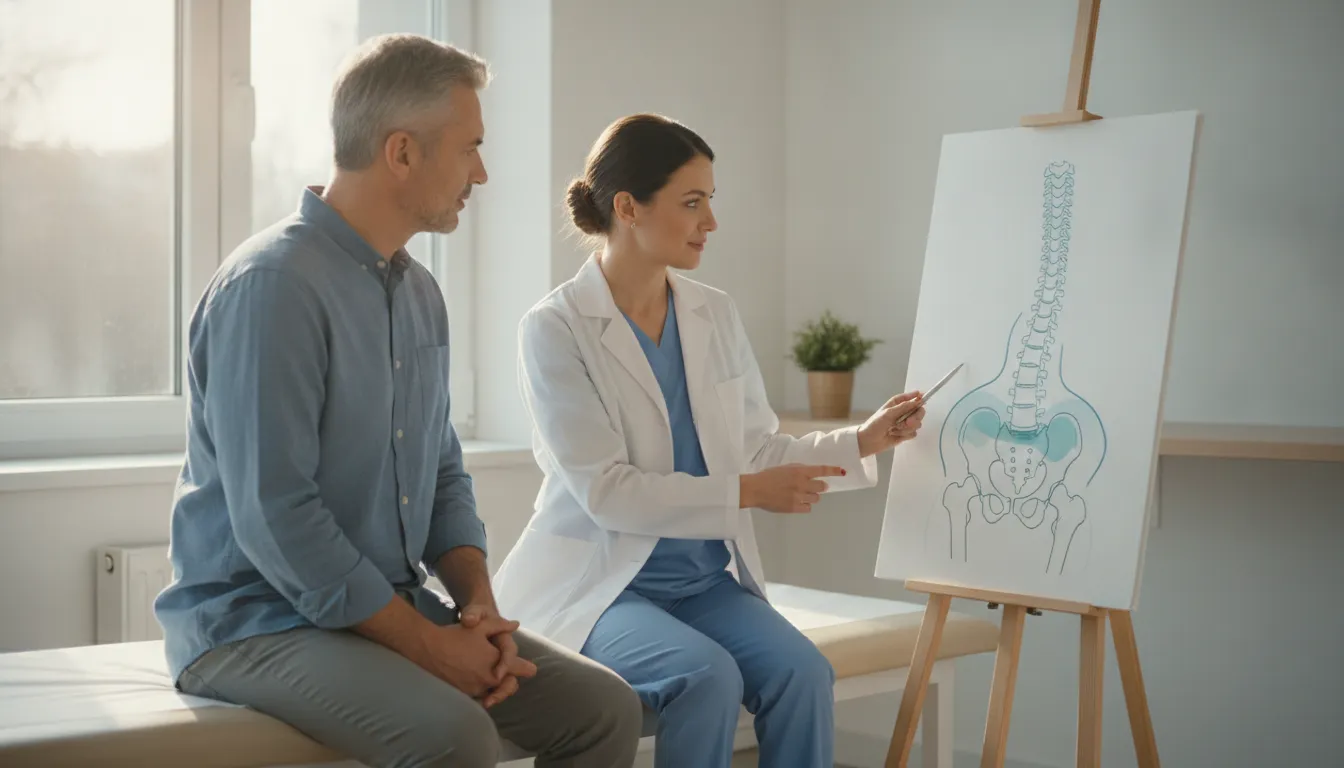 Adult patient discussing a lower-back care plan with a clinician