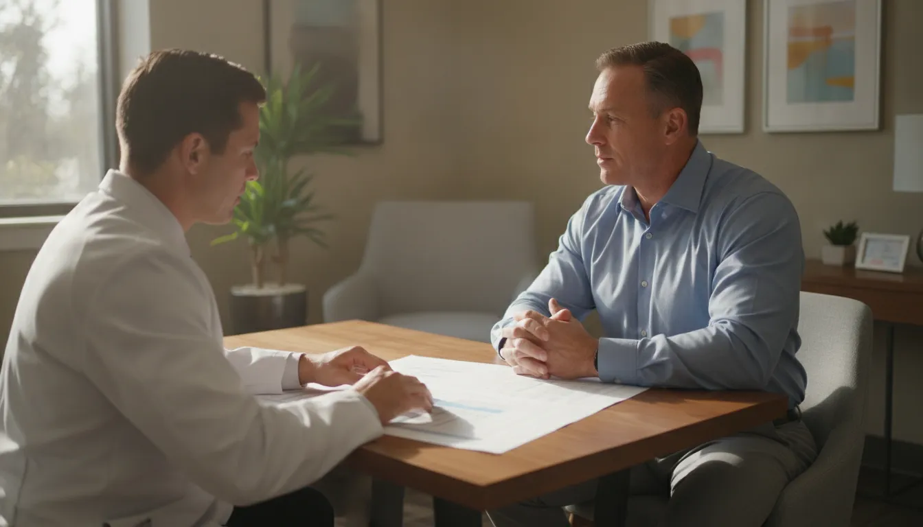 A clinician reviews morning lab results with a man during a low testosterone evaluation