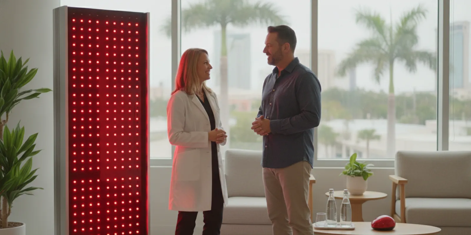 Clinician discussing red light therapy safety with a patient in a modern Tampa practice