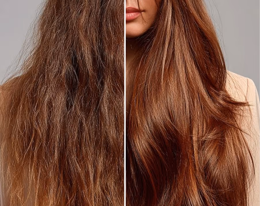 Vorher-Nachher Vergleich von Haarpflege und Haarrekonstruktion für gesundes Haar