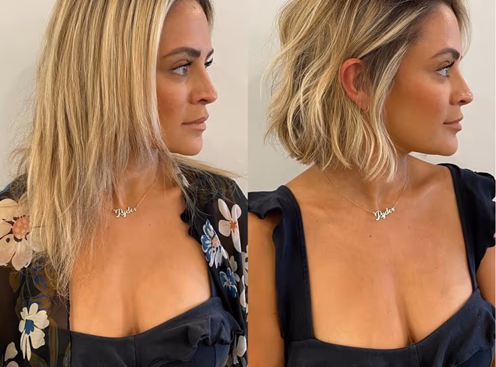 Vorher-Nachher blondes Haar Styling im Friseursalon