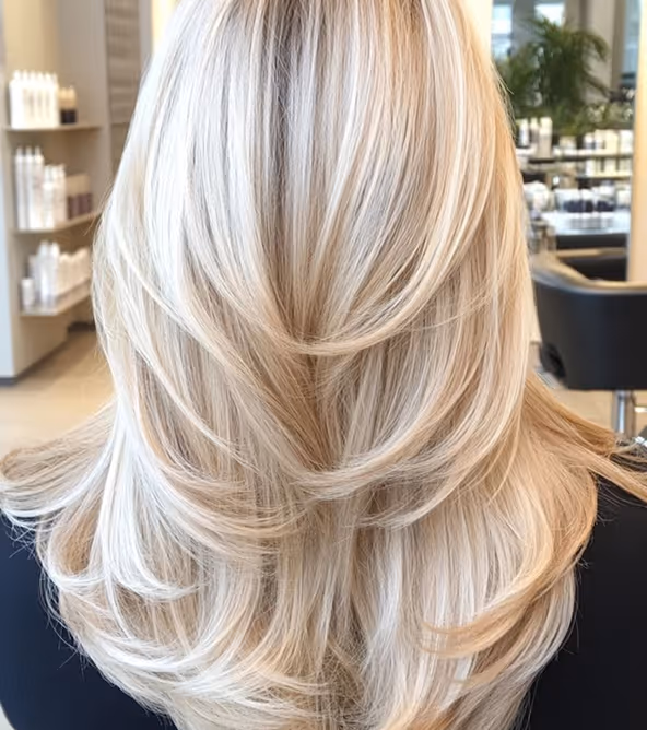 Blonde lange Haare nach professionellem Damenhaarschnit