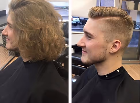 Vorher–Nachher Herrenfrisur mit strukturiertem Deckhaar