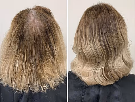 Vorher-Nachher Vergleich von blondem Haar (glatt zu gestylt)