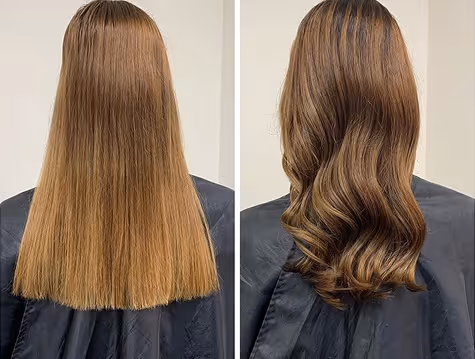 Rückansicht eines glänzenden, kupferfarbenen Kurzhaarschnitts