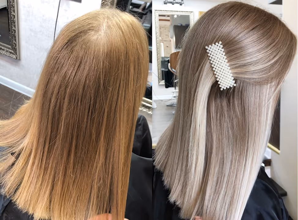 Vorher–Nachher Vergleich von aufgehelltem blondem Haar