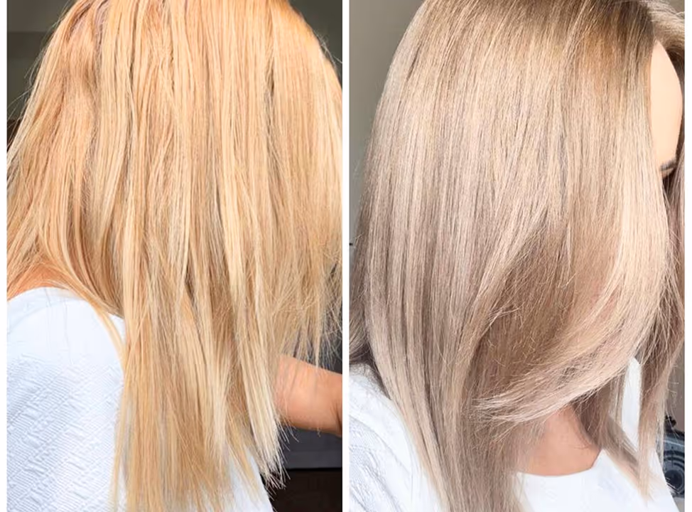 Vorher–Nachher Haartransformation mit kühlem Blondton