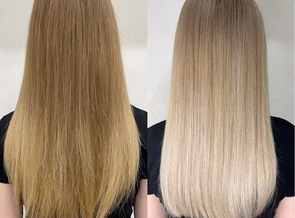 Vorher–Nachher Ergebnis einer gleichmäßigen Haarfärbung in Blond