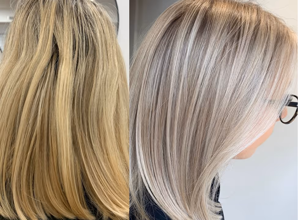 Vorher-Nachher Haaraufhellung – kühles Blond Ergebnis