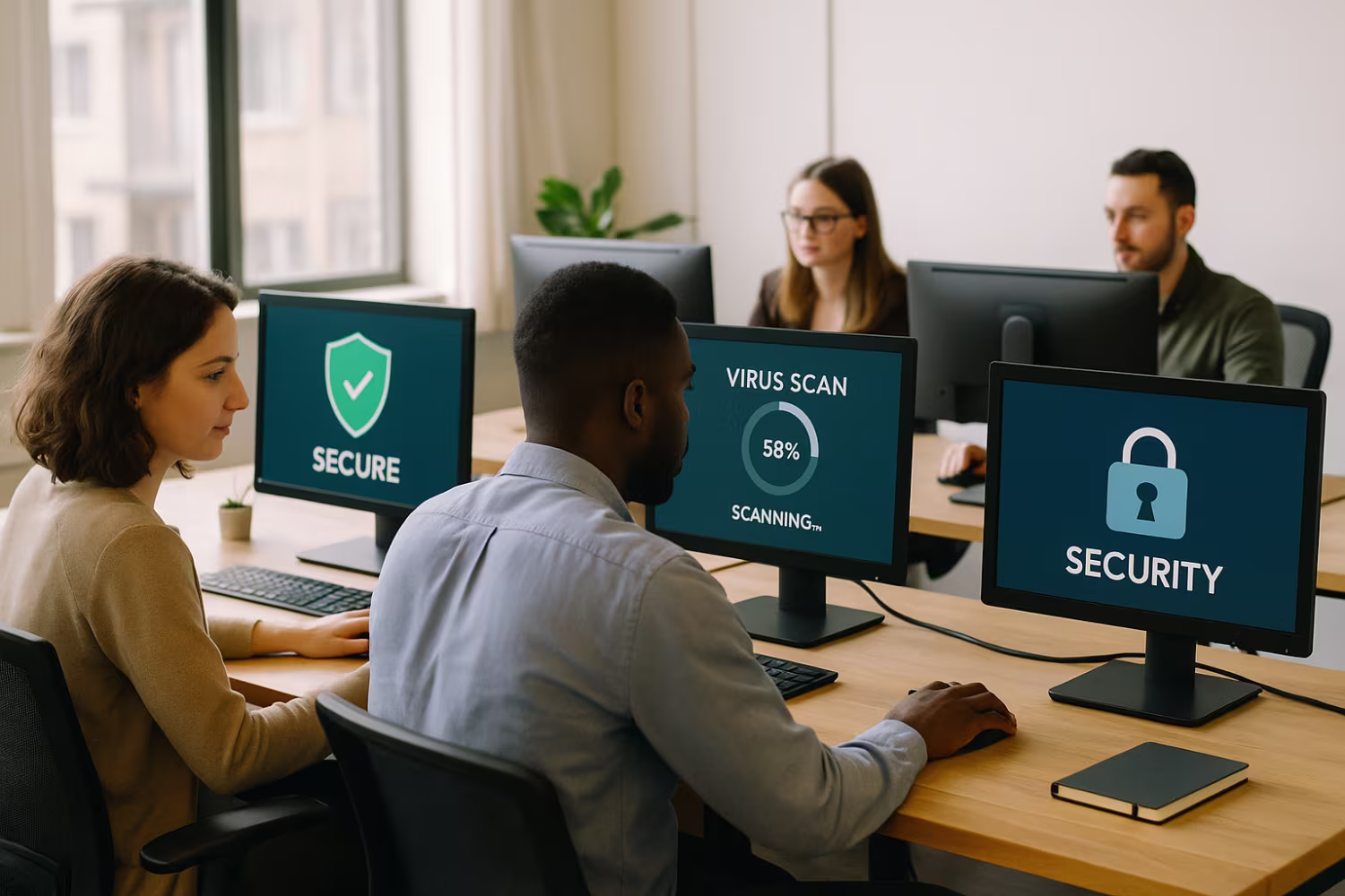 Small business employees utilizing cybersecurity solutions