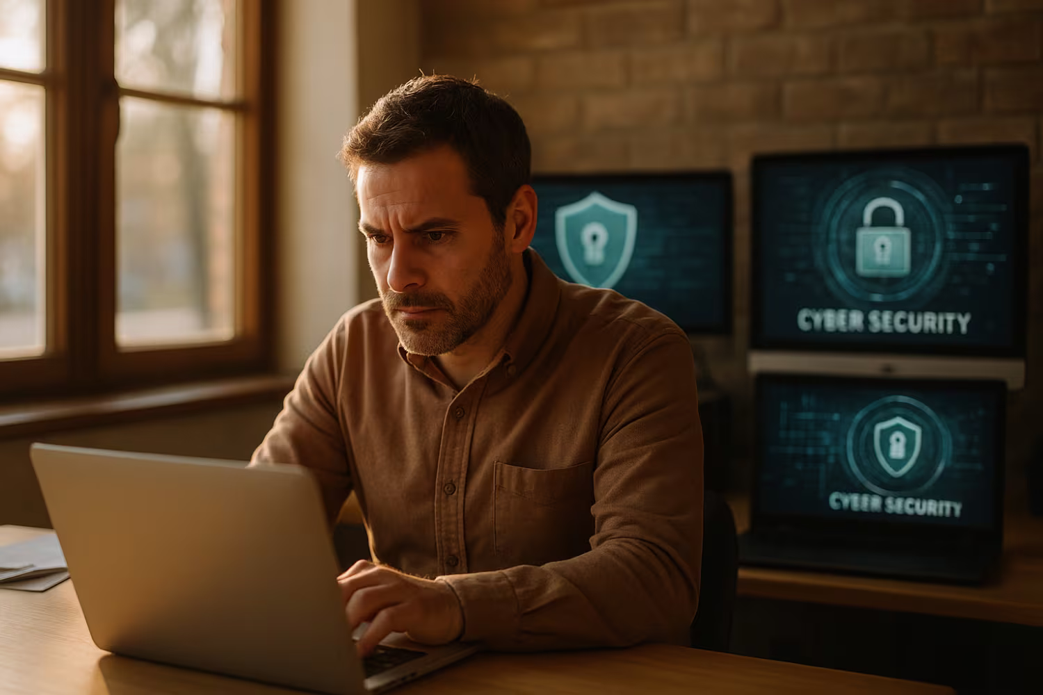 Small business owner implementing cybersecurity solutions