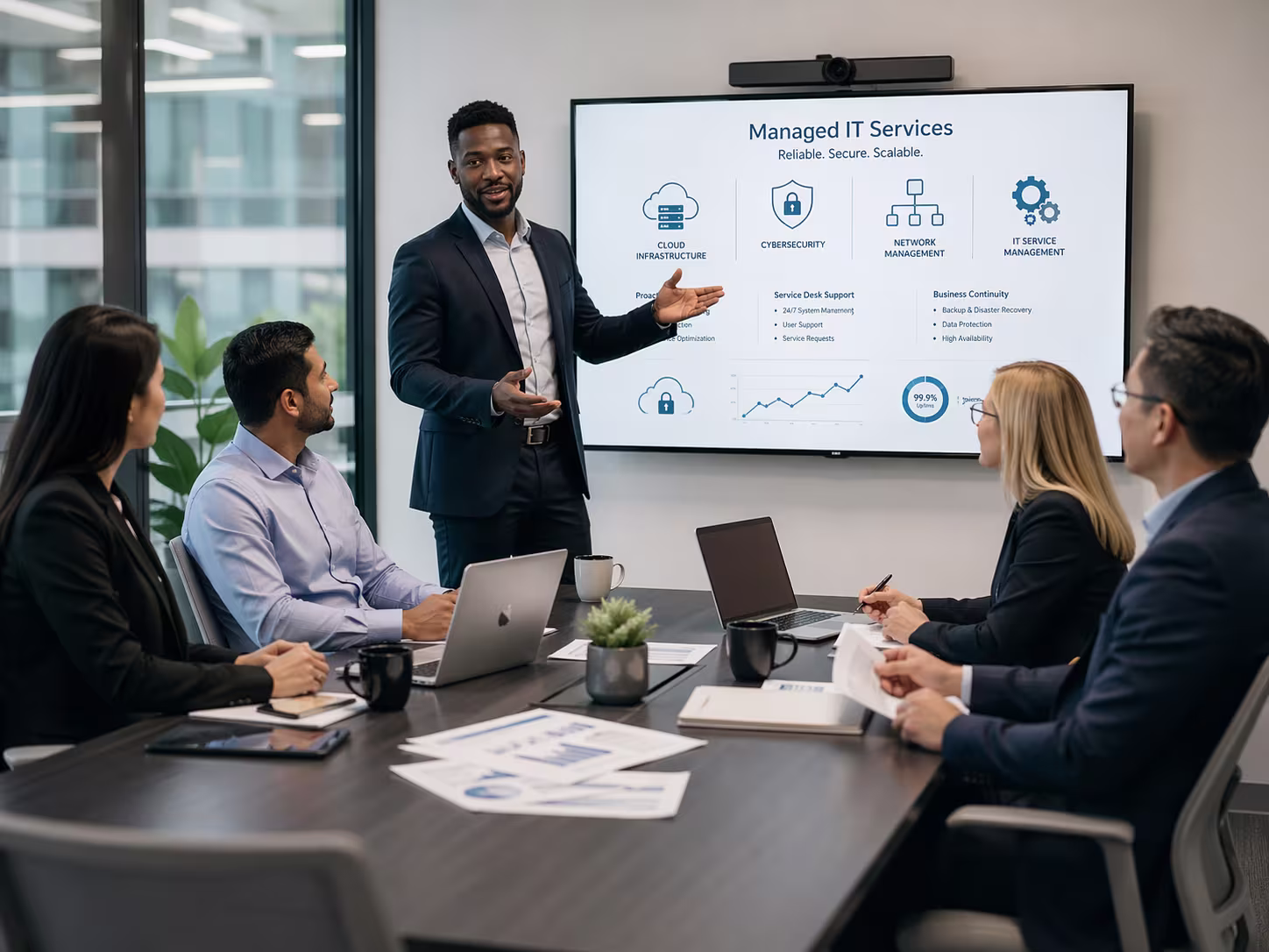 Diverse team discussing managed IT services