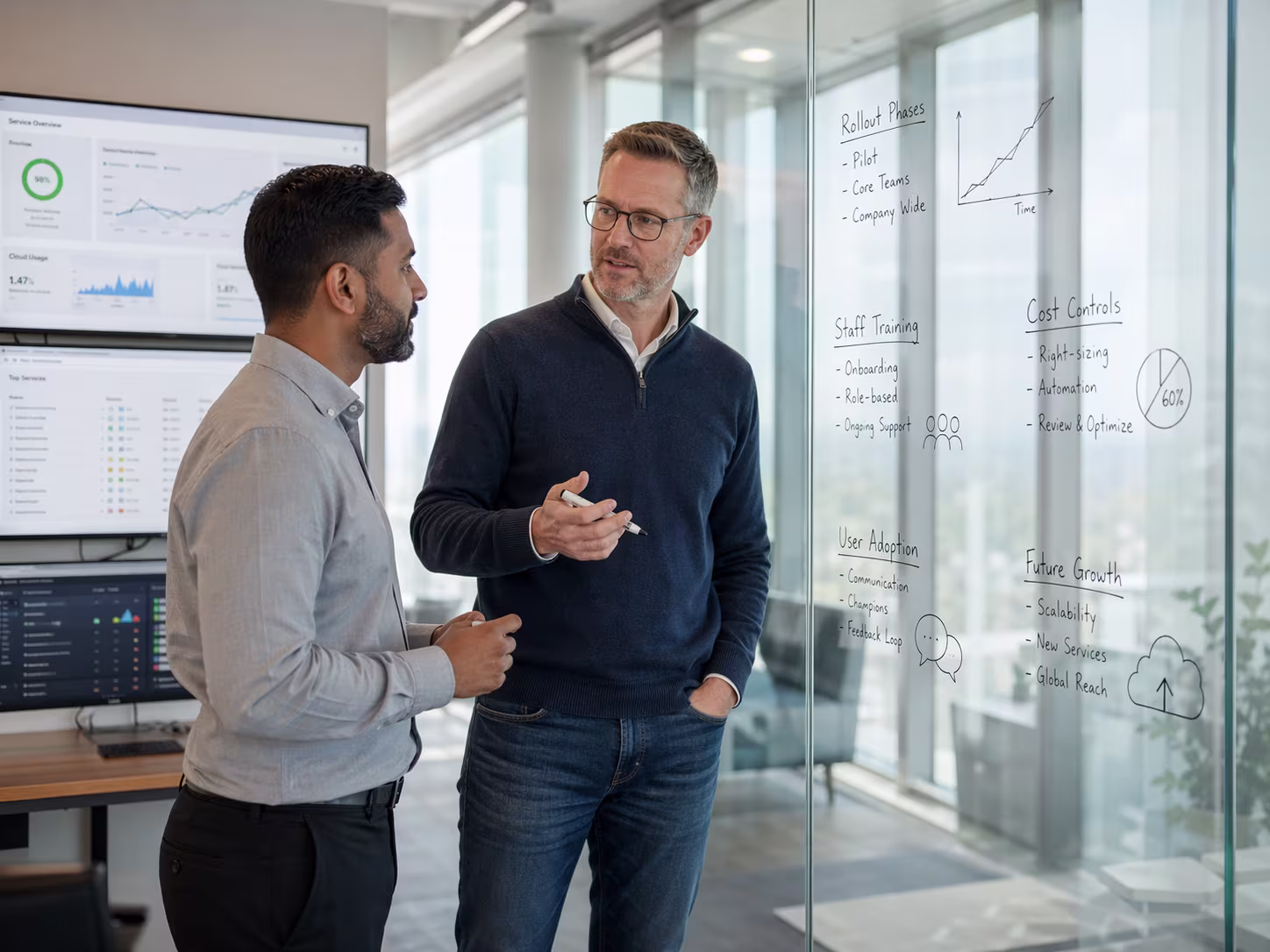Diverse professionals analyzing cloud business solutions