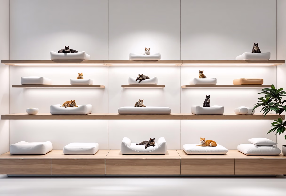 image of cat beds in store display (for a pet store)