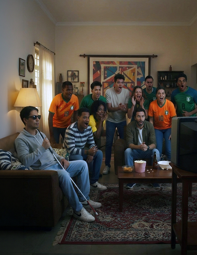 Group of football fans watching a match together at home, including a visually impaired fan with a white cane.