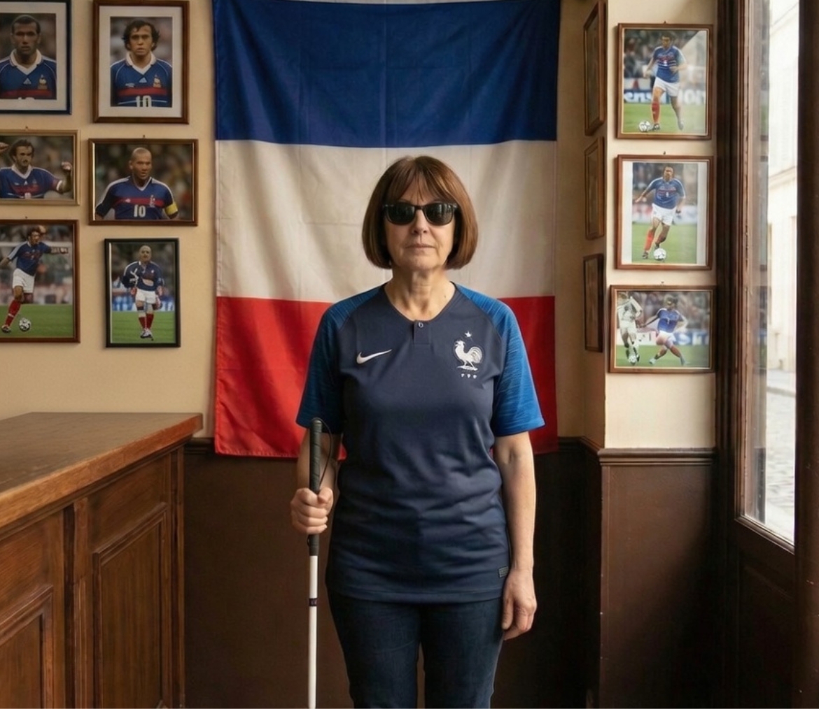 Fransız bayrağının önünde, Fransa milli takım forması ve güneş gözlüğü giymiş, elinde beyaz baston tutan görme engelli bir Fransa futbol taraftarı.