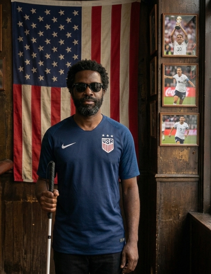Bir spor barında Amerikan bayrağının önünde duran, güneş gözlüğü takmış ve beyaz bastonunu elinde tutan görme engelli bir ABD futbol taraftarı.