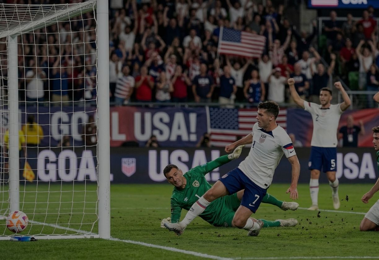 USA soccer player scoring a goal while the goalkeeper dives and fans celebrate in the stadium.