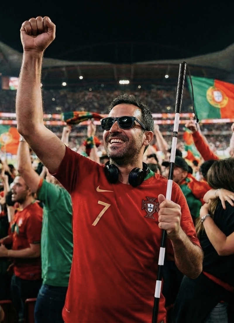 Stadyumda kutlama yaparken Portekiz forması ve güneş gözlüğü takan, elinde beyaz baston tutan görme engelli bir Portekiz futbol taraftarı.