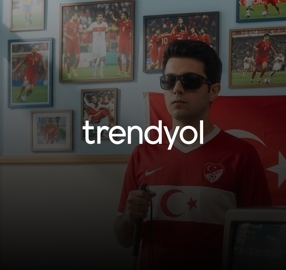 A football fan wearing a Türkiye jersey holds a white cane, with the Trendyol logo overlaid.