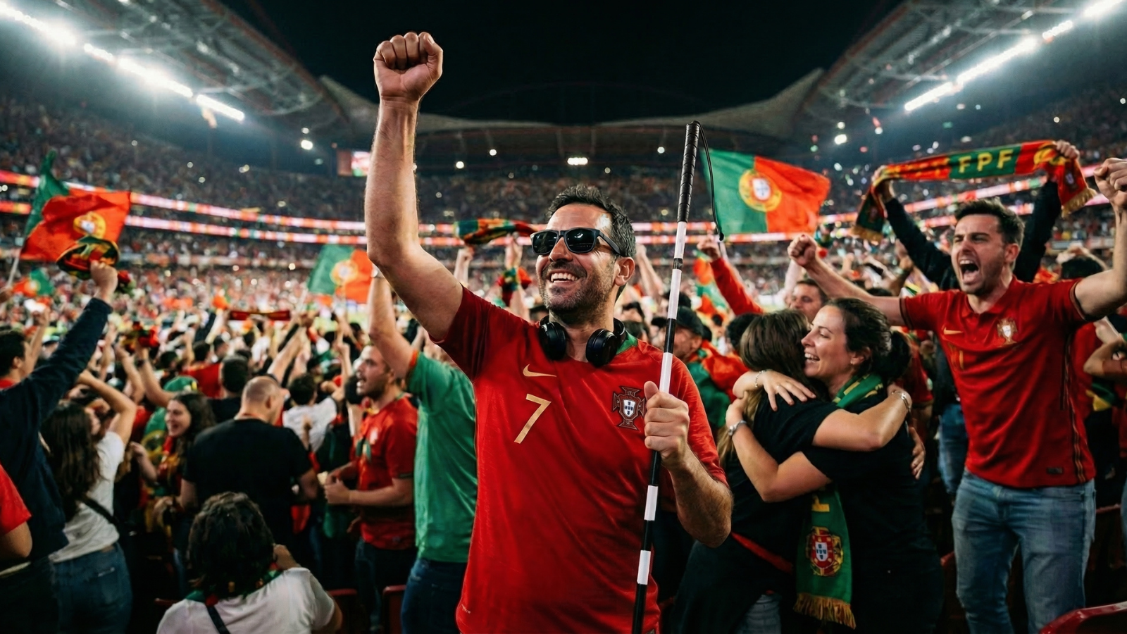 Visually impaired Portugal football fan wearing sunglasses and holding a white cane while celebrating with supporters in a stadium.