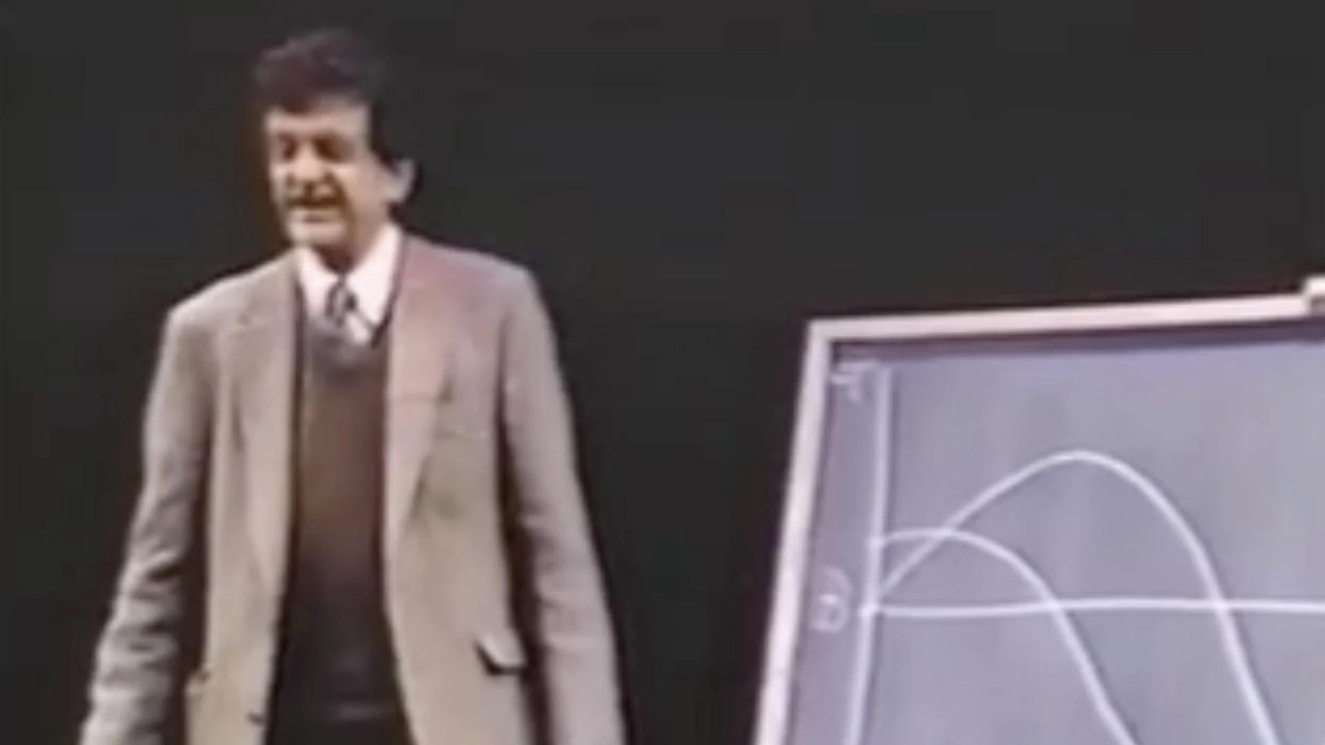 A man in a suit jacket and tie stands next to a board showing two intersecting curved graphs.
