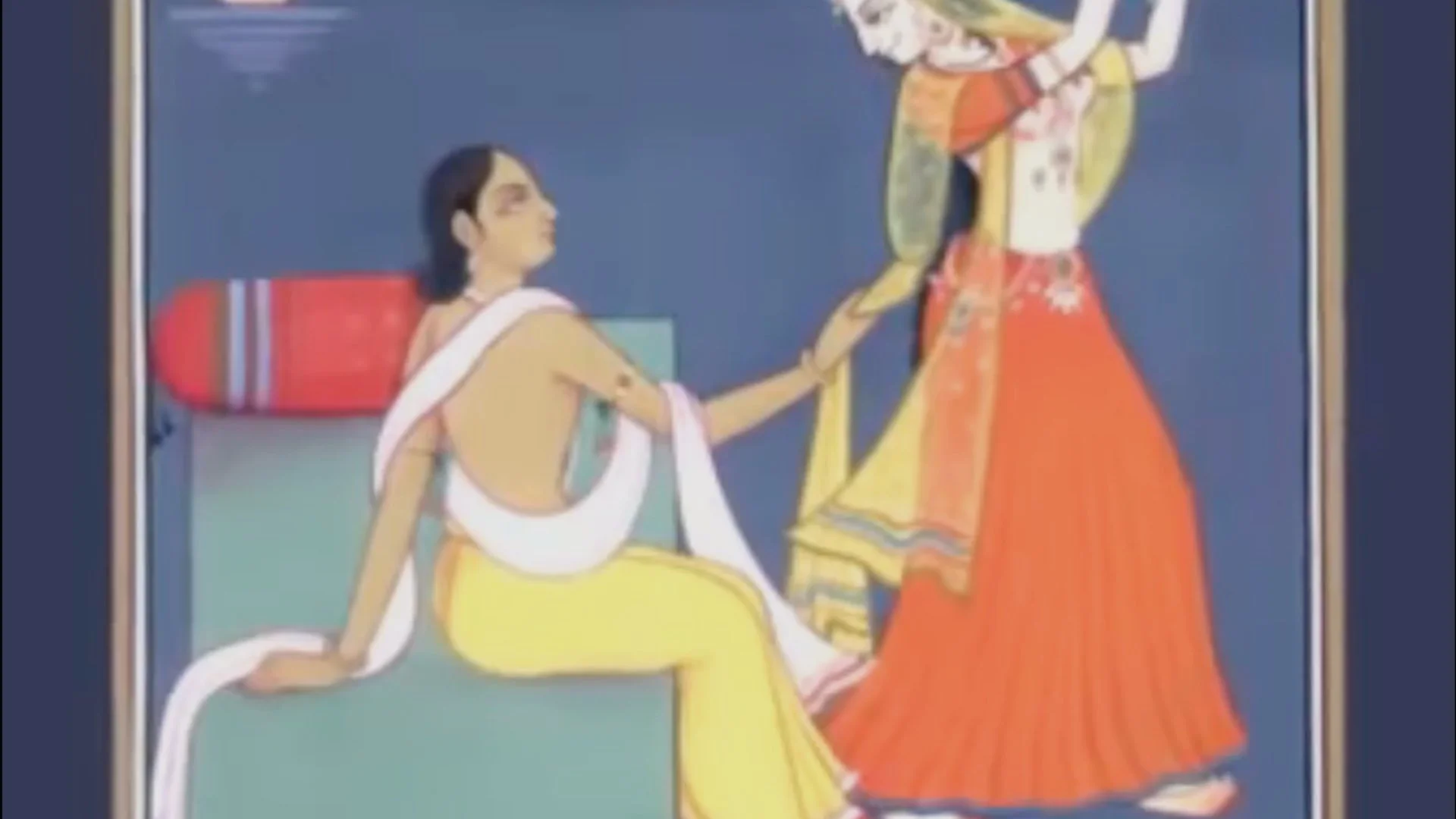 Traditional Indian painting of two women, one seated in yellow saree and the other standing in orange skirt, holding hands.