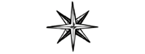 Black and white eight-pointed star symbol with elongated points.