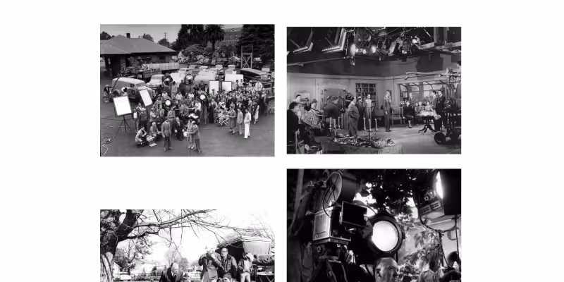 Collage of four black and white photos showing vintage film production scenes with crew, cameras, lighting equipment, and actors on set.