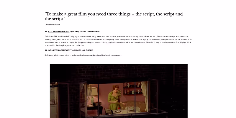 Partial screenplay page showing Alfred Hitchcock quote and scene descriptions with an image of a woman in a green dress inside a pink-walled apartment setting.