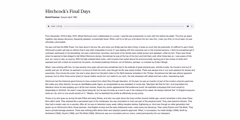 Article titled 'Hitchcock's Final Days' by David Freeman from Esquire April 1982 with a detailed story about Alfred Hitchcock's last years and work, displayed on a digital reading interface.