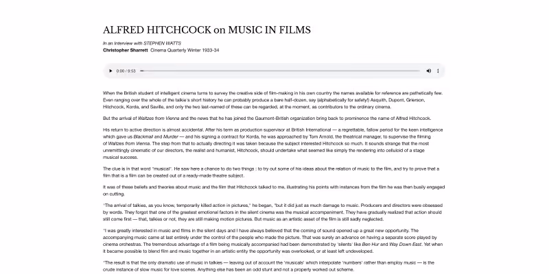 Typed interview titled 'ALFRED HITCHCOCK on MUSIC IN FILMS' discussing Hitchcock's views on music for film, including insights on sound in cinema.