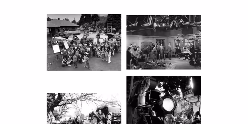 Collage of four black and white photos showing behind-the-scenes of film production, including film crews, cameras, lighting equipment, and actors on set.