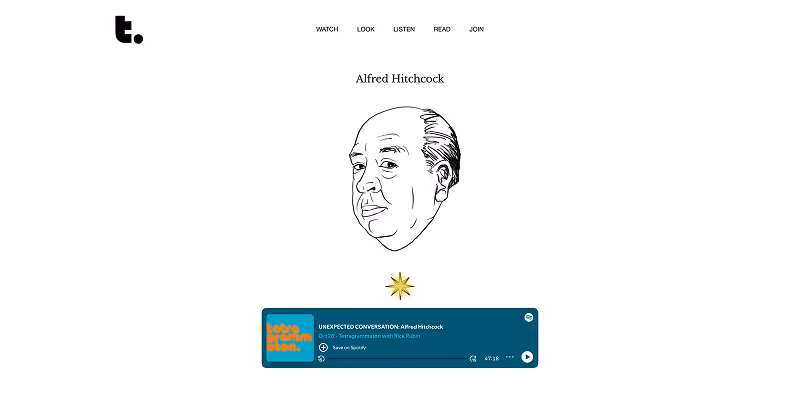 Minimalist webpage showing a black and white illustrated portrait of Alfred Hitchcock above a music player widget with the text Unexpected Conversation: Alfred Hitchcock.