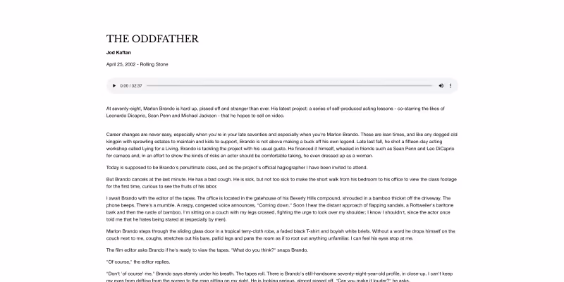 Article titled 'THE ODDFATHER' by Jod Kaftan, dated April 25, 2002, from Rolling Stone, featuring a playable audio clip and text about Marlon Brando's later life and projects.