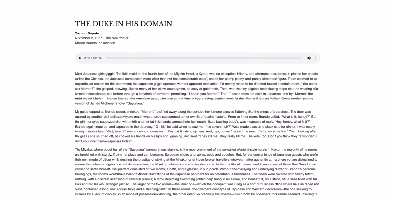 Article titled 'The Duke in His Domain' by Truman Capote featuring text about Marlon Brando on location at the Miyako Hotel in Kyoto, along with an audio player bar.