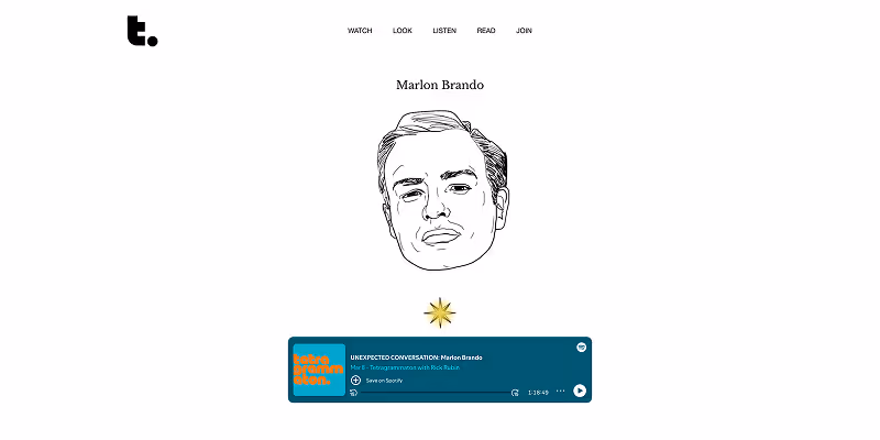 Minimalist webpage featuring a black and white illustration of Marlon Brando's face, with navigation links Watch, Look, Listen, Read, Join, and a podcast player titled 'Unexpected Conversation: Marlon Brando'.