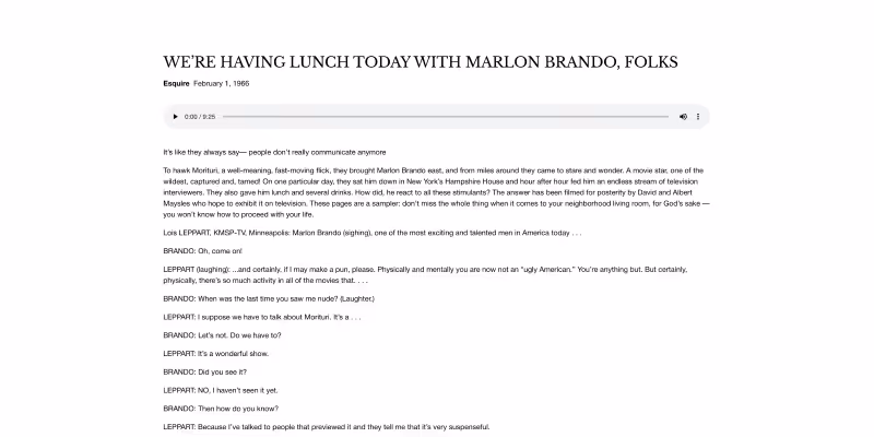 Screenshot of an article titled 'WE’RE HAVING LUNCH TODAY WITH MARLON BRANDO, FOLKS' from Esquire dated February 1, 1966, including text and an audio player.