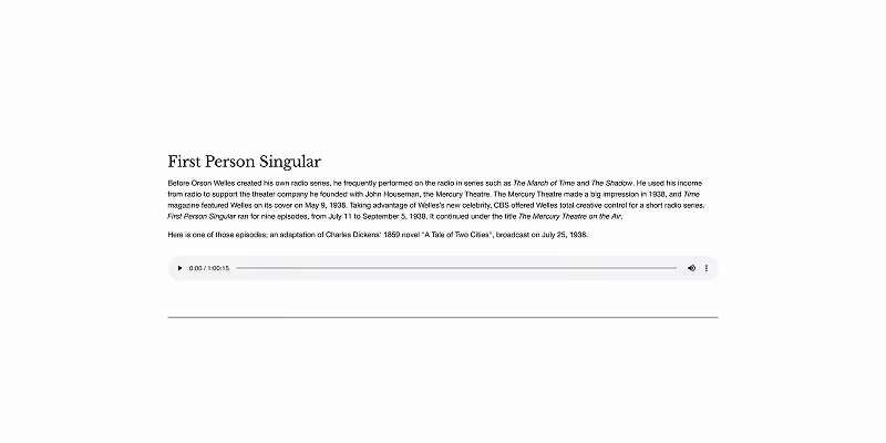 Text about Orson Welles' radio series First Person Singular with a playable audio bar below.