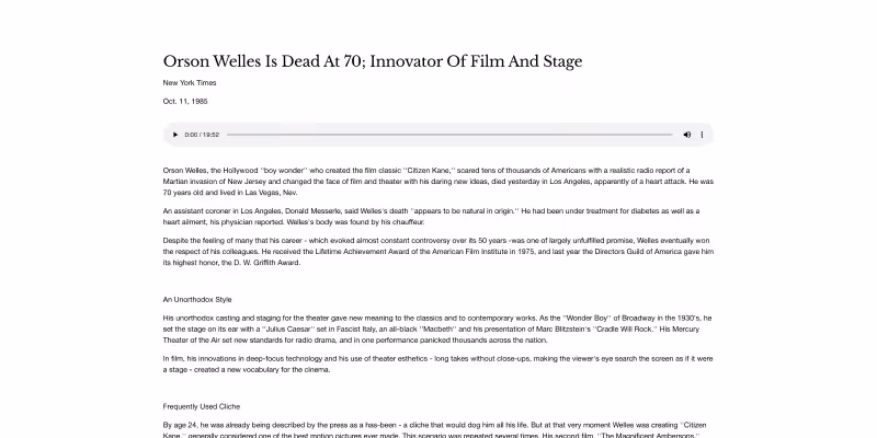 Screenshot of a New York Times article titled 'Orson Welles Is Dead At 70; Innovator Of Film And Stage' published Oct. 11, 1985, with text about Welles' career and impact.