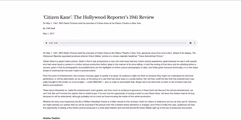 Screenshot of The Hollywood Reporter's 1941 review of Citizen Kane detailing the film's premiere and critical reception.