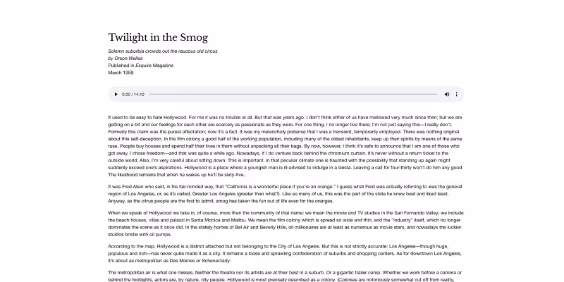 Article titled 'Twilight in the Smog' by Orson Welles with audio player and body text discussing Hollywood's cultural impact.