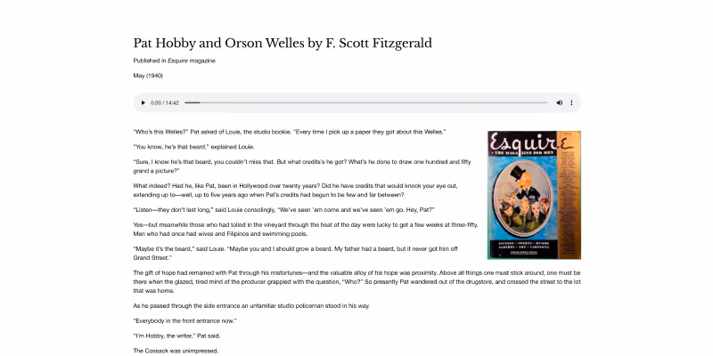 Screenshot of a webpage showing the story 'Pat Hobby and Orson Welles' by F. Scott Fitzgerald, including a play bar for an audio version and the beginning text of the story.