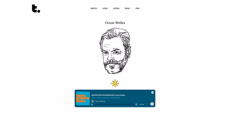 Minimalist webpage with a sketched portrait of Orson Welles above an audio player titled 'UNEXPECTED CONVERSATION: Orson Welles'.