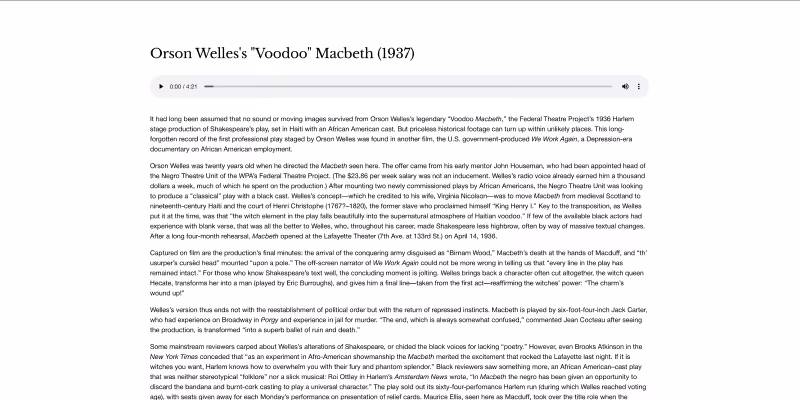 Article text titled Orson Welles's 'Voodoo' Macbeth (1937) with an audio player at the top.